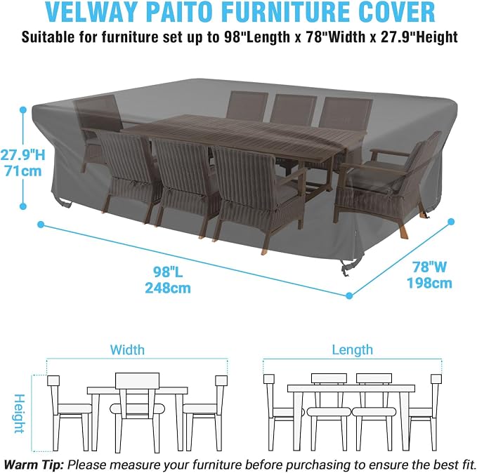 Velway Patio Furniture Cover Outdoor, Waterproof Rectangular Patio Table Chair Set Cover, 98"Lx78"Wx28"H, All Weather Oxford Tear-Resistant Sectional Sofa Set Covers with Windproof Design, Black