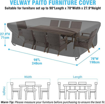Velway Patio Furniture Cover Outdoor, Waterproof Rectangular Patio Table Chair Set Cover, 98"Lx78"Wx28"H, All Weather Oxford Tear-Resistant Sectional Sofa Set Covers with Windproof Design, Black