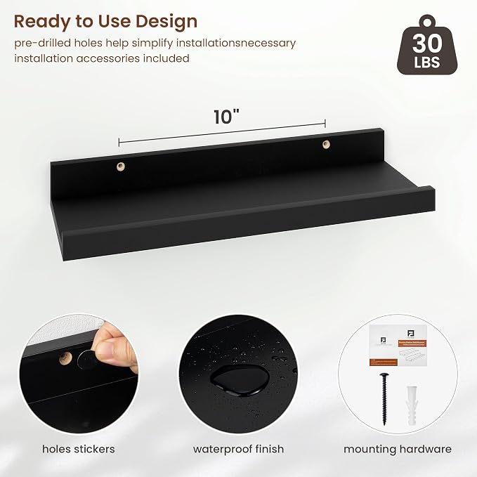 Axeman Black Picture Ledge Shelf Set of 4, 16'' Floating Shelves with Lip | Rustic Black Wood Picture Shelves for Wall with Ledge, Wall Shelves with Lip for Photos Nursery Books