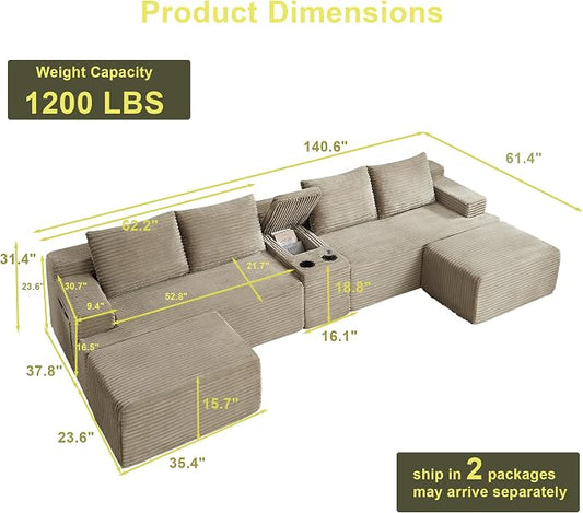 ivoros 140 Inch Modular Sectional Sofa Couch, Oversized Modern Cloud Couch for Living Room, U Shape Couches with 2 Ottomans and Cup Holders, Camel Corduroy Boneless Sofas, Sofa in a Box