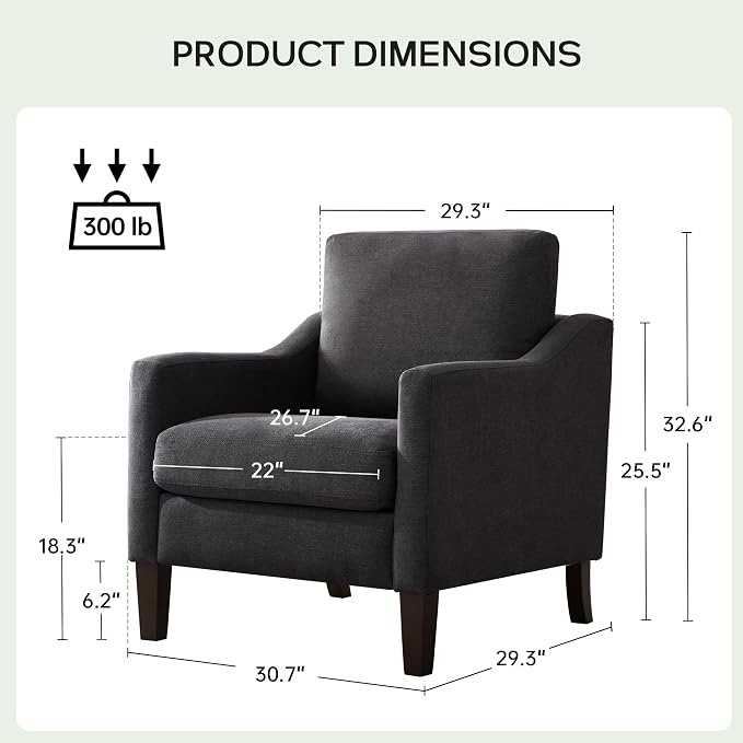 VKNOW Mid-Century Accent Chair, No Tools Assembly Required, Modern Upholstered Polyester Armchair for Living Room,Comfy Reading Accent Chairs with Wood Legs for Bedroom, Dark Grey
