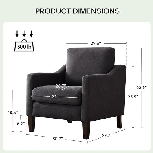 VKNOW Mid-Century Accent Chair, No Tools Assembly Required, Modern Upholstered Polyester Armchair for Living Room,Comfy Reading Accent Chairs with Wood Legs for Bedroom, Dark Grey