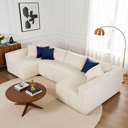 128" U-Shaped Modular Sofa, Modern Cloud Couch with Double Chaise, Sectional Boneless Couch with Pillows, Deep Seat Sofa for Living Room Bedroom, No Assembly Required, Khaki