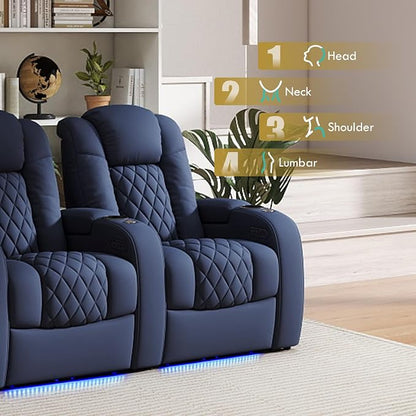 Weilianda Home Theater Seating Top Grain Leather Zero Gravity Recliner Chair Power Headrest Recline Movie Seat Gaming 7 Colors Mood Light Sofa with Tray Table USB Charge Row of 3 Loveseat Right Blue