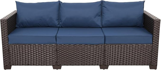 Rattan Star Patio Furniture Outdoor Couch 3 Seater Sofa Outdoor Brown Wicker Sofa Deep Seat High Backrest Patio Couch with Non-Slip Cushions and Waterproof Cover, Navy Blue