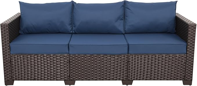 Rattaner 3-Seat Patio Wicker Sofa, Outdoor Rattan Couch Furniture Steel Frame with Furniture Cover and Deep Seat High Back, Blue Anti-Slip Cushion.