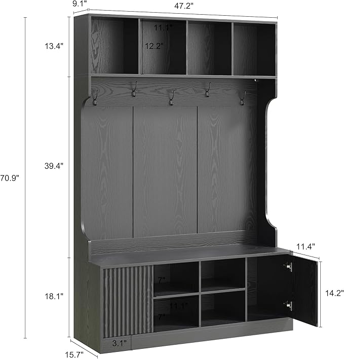 Hall Tree with Bench and Shoe Storage, 5-in-1 Entryway Coat Rack with LED Sensor Light, Hooks and Storage Cubes, Shoe Cabinet with Fluted Door, Modern Hall Tree for Entryway, Living Room