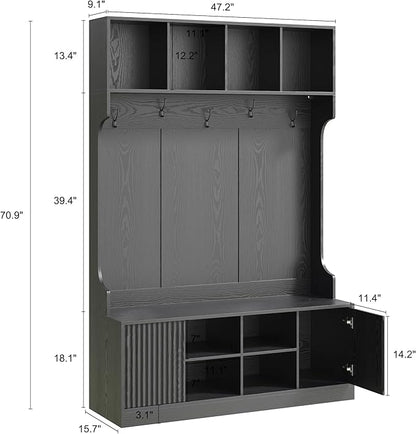 Hall Tree with Bench and Shoe Storage, 5-in-1 Entryway Coat Rack with LED Sensor Light, Hooks and Storage Cubes, Shoe Cabinet with Fluted Door, Modern Hall Tree for Entryway, Living Room