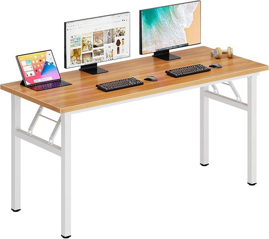 DlandHome Computer Desk 62 inches Office Desk Computer Table Study Writing Desk Workstation for Home Office Metal Frame Teak and White