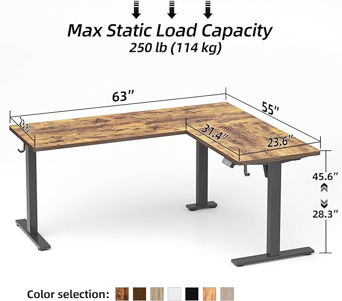 TIQLAB 63 x 55 inch L Shaped Standing Desk Adjustable Height, Electric Corner Standing Desk, Sit Stand Computer Table with Splice Board, Rustic Brown