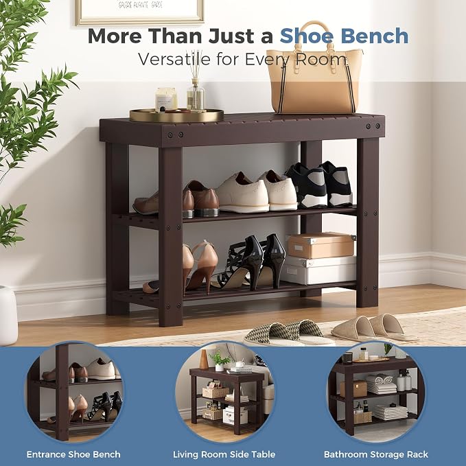 DUMOS Wooden Shoe Rack Bench with Storage, 3-Tier Bamboo Entryway Benches, Shoe Rack Holds Up to 286 lb Storage Organizer, 11.3 x 27.6 x 17.8 Inches, Suitable for Bedroom Living Room Balcony, Brown