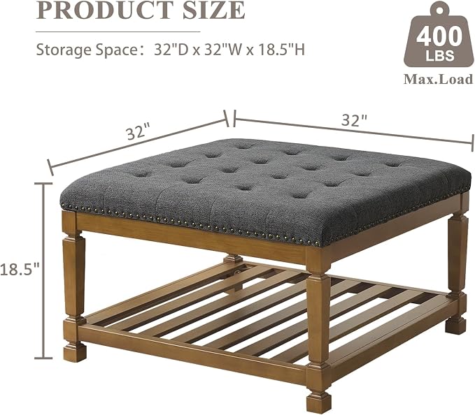 Befurtori Large Square Ottoman Coffee Table, Linen Solid Upholstered Footrest Ottoman with Solid Wood Shelf Storage Tufted Coffee Table for Bedroom Living Room-Dark Gray
