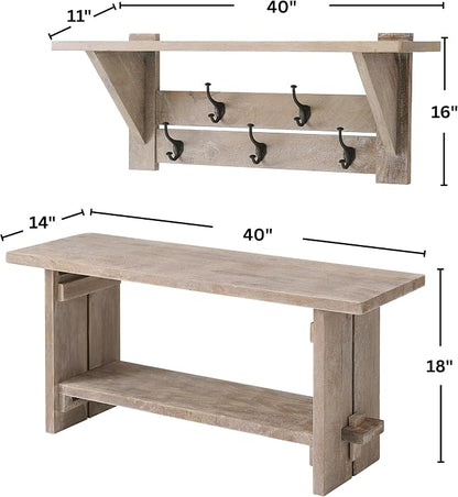 Alaterre Furniture Bethel Wall Mounted Coat Rack & Bench Set – Rustic 40-Inch Entryway Organizer with 5 Coat Hooks, Solid Wood Seat & Storage Shelves for Mudroom or Foyer (Driftwood Finish)