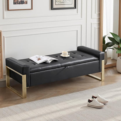67'' End of Bed Storage Bench, Storage Ottoman Bench for Bedroom King Size, Modern Faux Leather Benches for Foot of Bed with Gold Legs for Window Living Room Entryway, Black