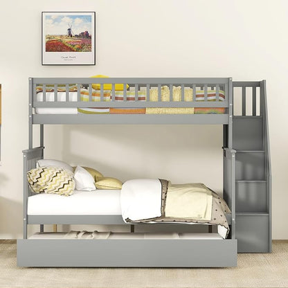 MERITLINE Twin Over Full Bunk Bed with Trundle, Storage Staircase,Solid Wood Bunk Bed with Storage Stairs Box and Guardrail, No Spring Box Needed (Grey)