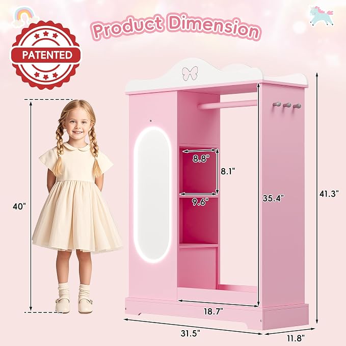 Xilingol Kids Armoire Dress Up Storage with Mirror, Kids Wardrobe Closet with Jewelry Cabinet and Storage Shelves, Open Hanging Armoire Costume Organizer for Bedroom (Pink)