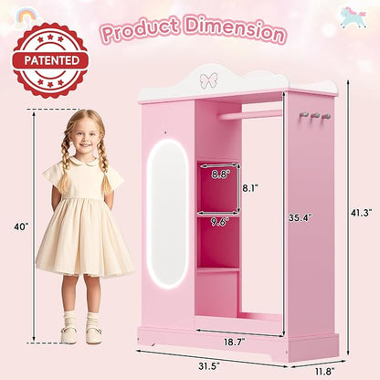 Xilingol Kids Armoire Dress Up Storage with Mirror, Kids Wardrobe Closet with Jewelry Cabinet and Storage Shelves, Open Hanging Armoire Costume Organizer for Bedroom (Pink)