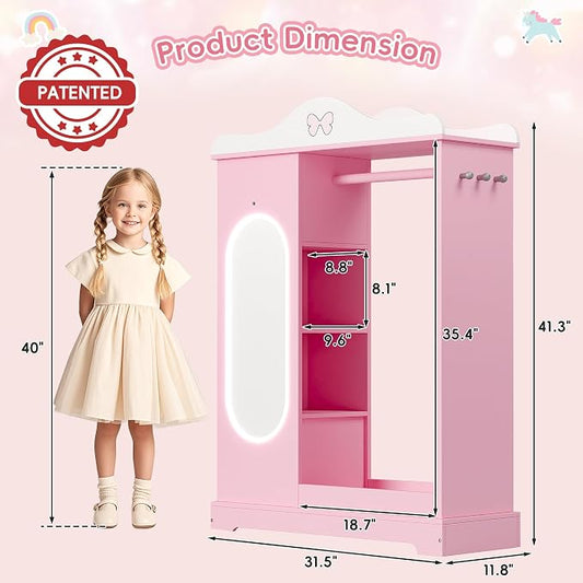 Xilingol Kids Armoire Dress Up Storage with Mirror, Kids Wardrobe Closet with Jewelry Cabinet and Storage Shelves, Open Hanging Armoire Costume Organizer for Bedroom (Pink)