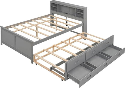 Merax Full Size Platform Bed with Storage Headboard, USB, Wood Bedframe with Twin Size Trundle and 3 Drawers, Grey