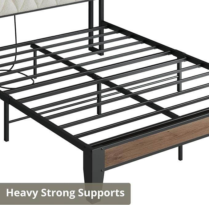ANCTOR Queen Bed Frame with Storage Headboard & Charging Station, Metal Platform Queen Bed, Upholstered Tufted Headboard, Heavy Duty Slat Support, Noise Free, No Box Spring Needed, Wood and Cream
