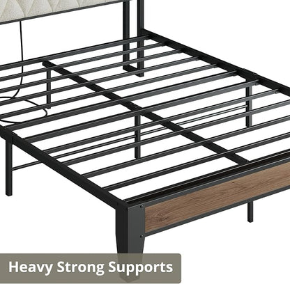 ANCTOR Queen Bed Frame with Storage Headboard & Charging Station, Metal Platform Queen Bed, Upholstered Tufted Headboard, Heavy Duty Slat Support, Noise Free, No Box Spring Needed, Wood and Cream