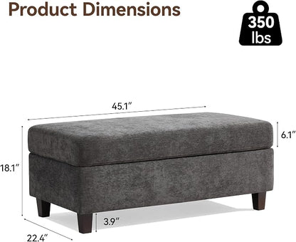 45 Inch Large Storage Ottoman Bench with Wooden Tray Coffee Table, Dark Grey Chenille Upholstered Foot Rest, Multifunctional Foot Stool Ottoman for Living Room, Bedroom & Entryway, Solid Wood Legs