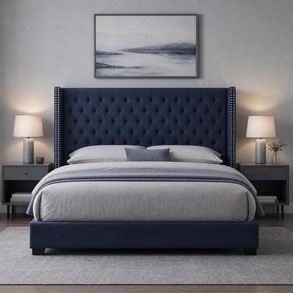 Madison Park Queen Wingback Upholstered Tufted Headboard, Featuring High-Density Sponge Padding, Adjustable Height Headboard, Easy Assembly, Navy