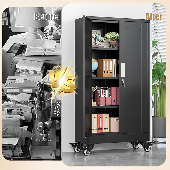 47" H Metal Pantry Storage Cabinet with Wheels,Rolling Kitchen Pantry Cabinet with 2 Doors and 3 Adjustable Shelves, Locker Steel Cabinet,Organization Cabinet for Garage,Home,Gym,School,Black