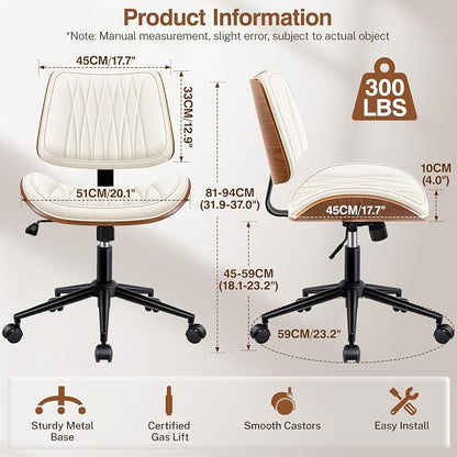 Ergonomic Armless Office Desk Chair - Mid-Century Modern White Faux Leather with Diamond Stitch, Adjustable Height Swivel Rolling Task Computer Chair with Walnut Accent for Home Office, Study & Work
