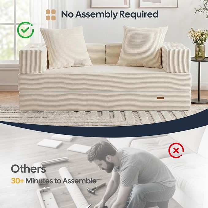 COMAX Futon Sofa Bed, Convertible Sofa Bed, Folding Boneless Couches | Boneless Couch for living room, 4‑in‑1 Fold Out Small Foldable Loveseat Floor Sleeper Mattress Lounge Space‑Saving, Beige