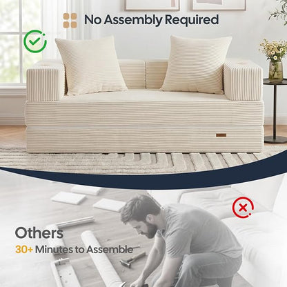 COMAX Futon Sofa Bed, Convertible Sofa Bed, Folding Boneless Couches | Boneless Couch for living room, 4‑in‑1 Fold Out Small Foldable Loveseat Floor Sleeper Mattress Lounge Space‑Saving, Beige