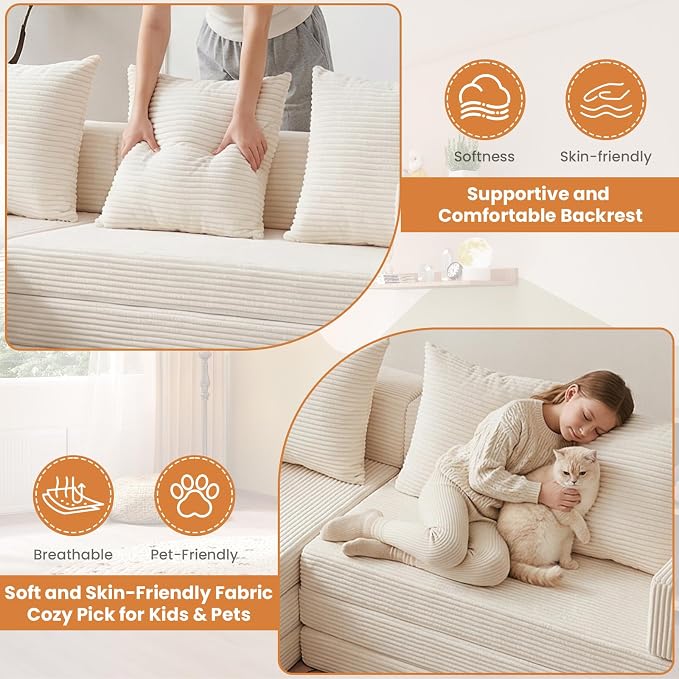 79" Modular Sectional Sofa, Boneless Convertible Sleeper Sofa Bed, Modern Tri-Folding Cloud Couch with L-Shape Chaise, Corduroy Futon for Living Room Small Spaces Apartment, No Assembly, Beige