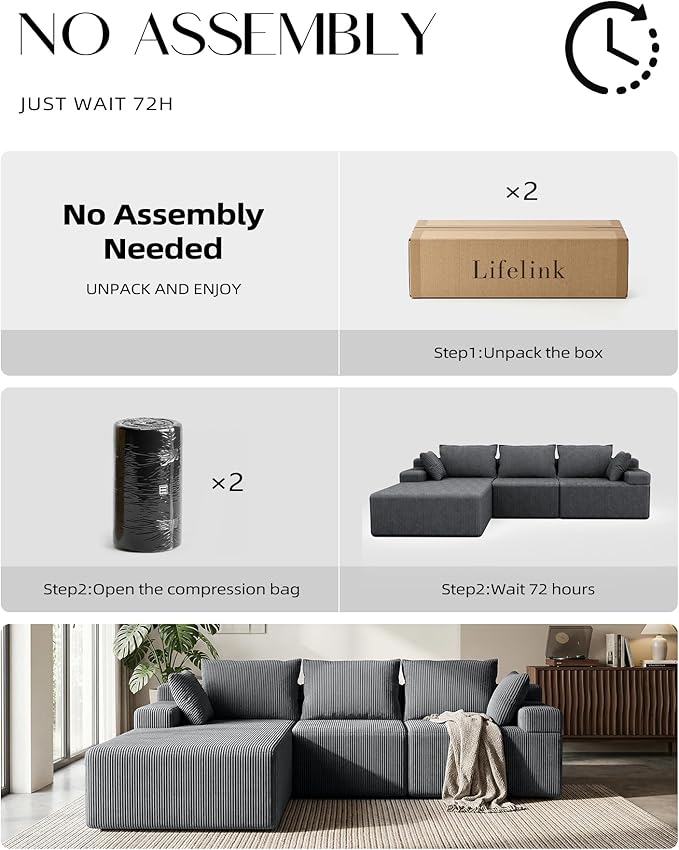 Lifelink 108" Boneless Couch L-Shaped - Modular Sectional Couches for Living Room Cloud Sofa with Deep Seat High Back Oversized Left Facing Chaise No Assembly Required