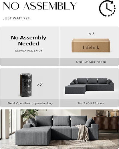 Lifelink 108" Boneless Couch L-Shaped - Modular Sectional Couches for Living Room Cloud Sofa with Deep Seat High Back Oversized Left Facing Chaise No Assembly Required