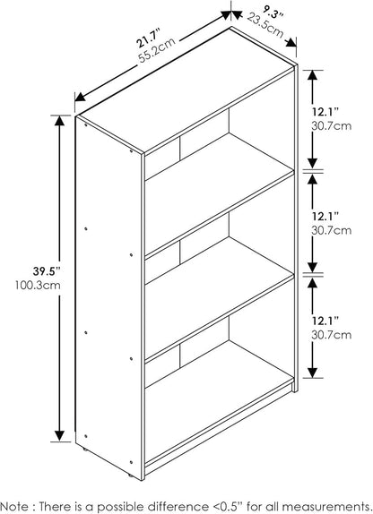 Furinno BASIC Book Shelf, 3-Tier Modern Bookshelf, Bookcase with Open Shelves, 9.3" x 21.8" x 39.5", for Living Room, Bedroom, Home Office, Light Cherry