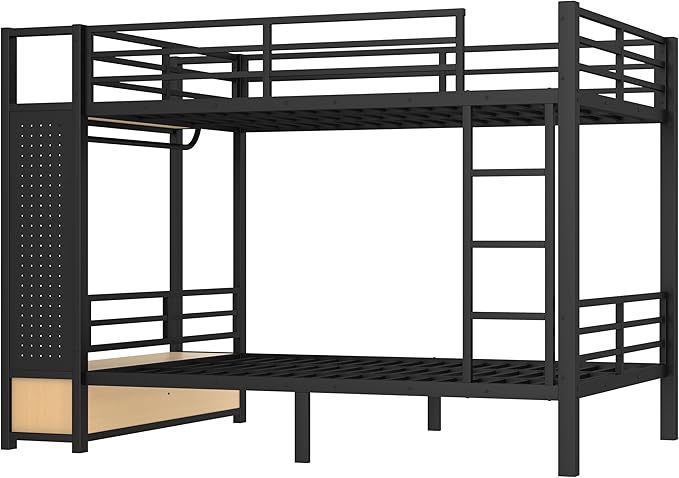 Bellemave Bunk Bed Full Over Full,Metal Bunk Bed with Shelf and Guardrails,Full Bunk beds with Storage Drawers and Clothes Hooks for Kids, Teens & Adults（Black）