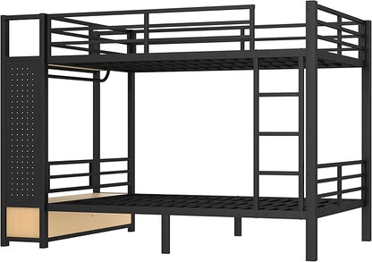 Bellemave Bunk Bed Full Over Full,Metal Bunk Bed with Shelf and Guardrails,Full Bunk beds with Storage Drawers and Clothes Hooks for Kids, Teens & Adults（Black）