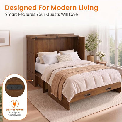 CECER Queen Murphy Bed with Mattress for Guest/Small Space-Black Walnut | Built-in Multi-Port Charging Station ＆ Large Storage Drawer，Space Saving ＆ Easy Assemble and Conversion