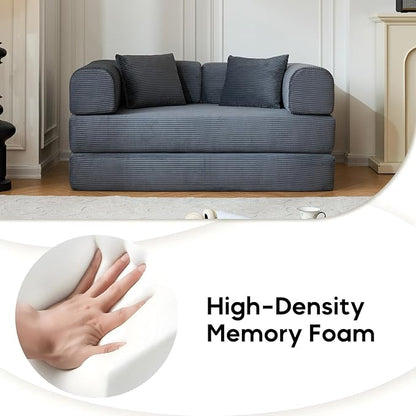 ZEIINPA 59“ Convertible Floor Sofa Bed, 5-in-1 Futon Sofa Bed Pull Out Sleeper Couch, Modern Corduroy Compressed Loveseat, Modular Boneless Couches for Living Room, No Assembly Required, Gray