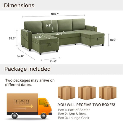 KISLOT 110 Inch Sectional Sleeper Sofa with Pull Out Bed Convertible Plush 2 in 1 Couch with Storage Chaise & USB Charging Comfy L Shaped Modular Couches for Living Room Apartment(3 Box)