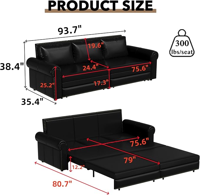 93.7" King Pull Out Sofa Bed, Faux Leather Sleeper Sofa Couch, 3 in 1 Convertible Futon Couches for Living Room, Small Space, Apartment, Office, Bedroom, Modern Rivet Armrest, Black