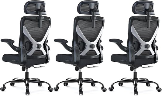 Ergonomic Office Chair - X-Shaped Computer Desk Chair Comfy, Gaming Chair, Office Chair with Lumbar Support, Mesh Office Chairs with Headrests, Desk Chair for Long Hours, Black Silver, Pack of 3