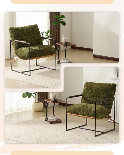 Karl home Modern Metal Frame Accent Chair, Green | Plush Fleece Upholstered, Wood Padded Armrest, 28" Seat Width, Comfy Lounge Armchair for Living Room, Bedroom, Apartment