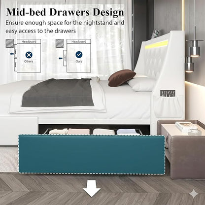 5 Pieces Queen Bedroom Set, PU Fabric Metal Bed Frame with Charge Port& LED, 6 Tier Rotating Bookshelf, Vanity Table with Sliding Light Mirror& Hair Dryer Holder, 2 Nightstands with Charge