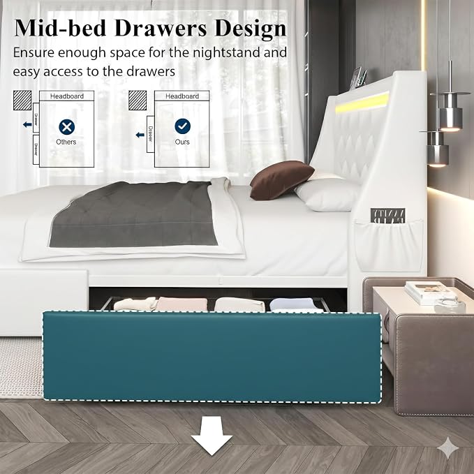 5 Pieces Full Bedroom Set, PU Fabric Metal Bed Frame with Charge Port& LED, 6 Tier Rotating Bookshelf, Vanity Table with Sliding Light Mirror& Hair Dryer Holder, 2 Nightstands with Charge