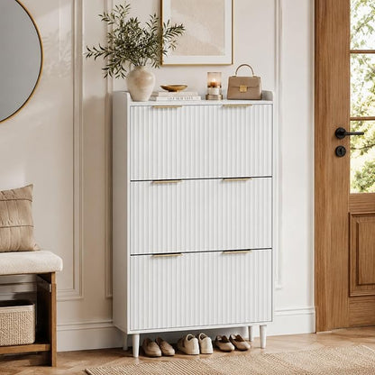 VINGLI White Fluted Shoe Storage Cabinet for Entryway with 3 Flip Drawers, Narrow Shoe Organizer with Fluted Panel, Modern Freestanding Wood Shoe Cabinet for Foyer, Hallway (White, 3 Flip Drawers)
