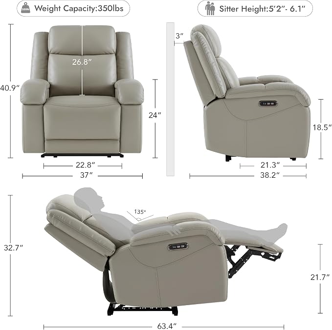 Watson & Whitely Genuine Leather Power Recliner Chairs for Adults, Wall Hugger RV Recliner with Power Headrest & Charging Ports, Electric Recliner Sofa Chair for Living Room, Grey