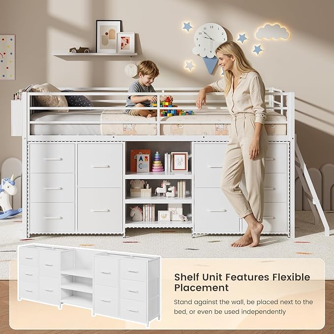 Twin Low Loft Bed with 10 Storage Drawers and LED Lights, Loft Bed Twin Size for Kids with Bookcase, Metal Kids Loft Bed Frames with Safety Guardrail, Inclined Ladder&Play Curtain,Spave Saving,White