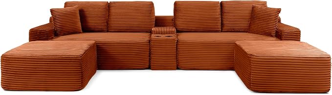 ivoros 125 Inch Modular Sectional Sofa Couch, Oversized Modern Cloud Couch for Living Room, U Shape Couches with 2 Ottomans, USB Ports and Cup Holders, Orange Corduroy Boneless Sofas, Sofa in a Box
