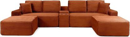ivoros 125 Inch Modular Sectional Sofa Couch, Oversized Modern Cloud Couch for Living Room, U Shape Couches with 2 Ottomans, USB Ports and Cup Holders, Orange Corduroy Boneless Sofas, Sofa in a Box